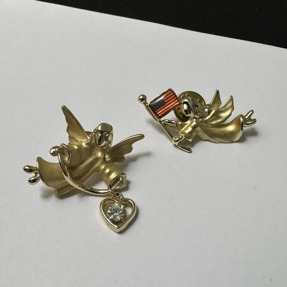 Lot Of 2 Gigi Angel Lapel Tack Pin Gold Tone Heart / American Flag